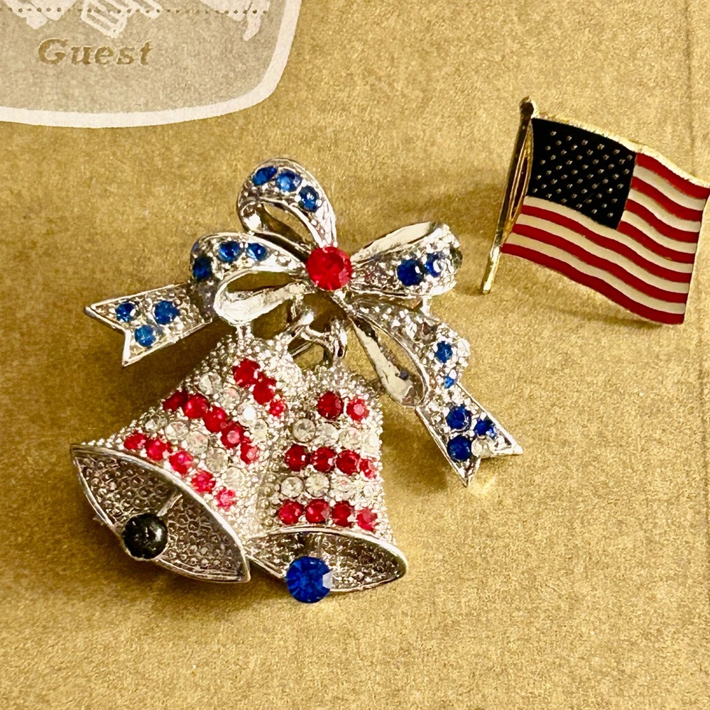 2 Fourth of July pins: Red, White, Blue crystal* bow bells, enamel flag tack pin